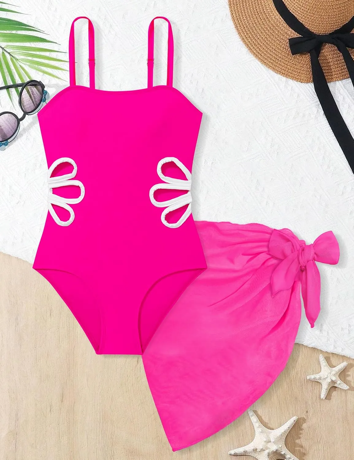 Girls Swimsuit, Adjustable Straps Cut Out One Piece Bathing Suit with Solid Color Cover Up Skirt Girls' Swimwear