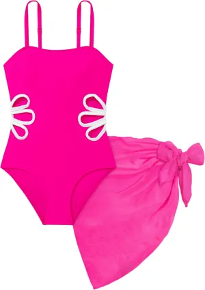 Girls Swimsuit, Adjustable Straps Cut Out One Piece Bathing Suit with Solid Color Cover Up Skirt Girls' Swimwear