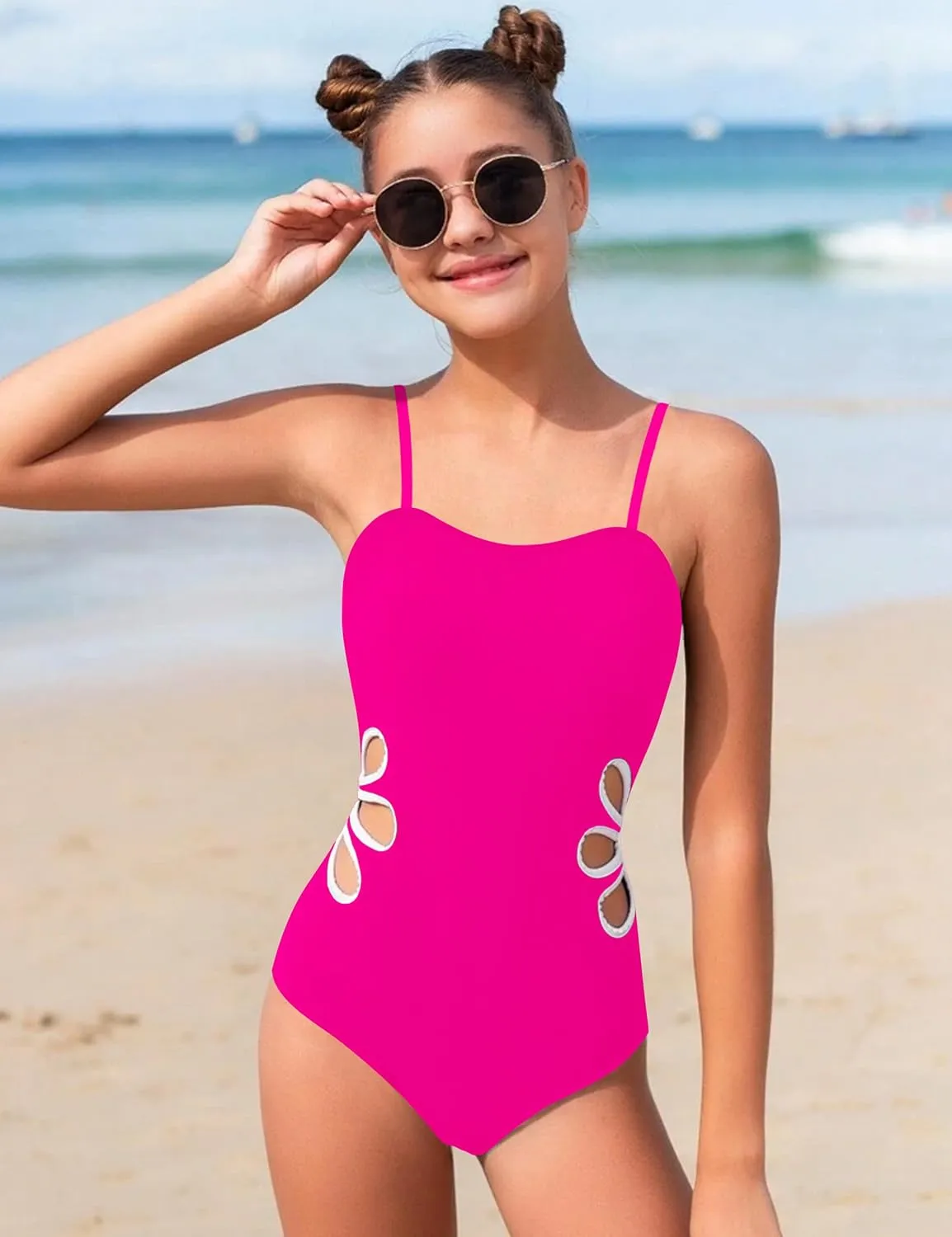 Girls Swimsuit, Adjustable Straps Cut Out One Piece Bathing Suit with Solid Color Cover Up Skirt Girls' Swimwear