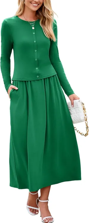 Glamaker Women's 2 Piece Skirt Sets Long Sleeve Casual Outfits Top Maxi Skirt Knit Dresses Matching Sets with Pockets