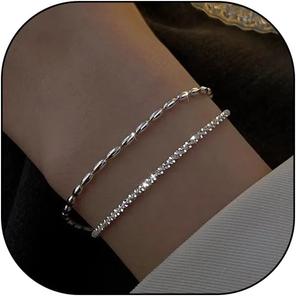 Glossy Silver Layered Rice Beaded Bracelets for Women,Dainty Statement Handmade Adjustable Chain Bracelets,Simple Preppy Style Birthday Jewelry Gifts