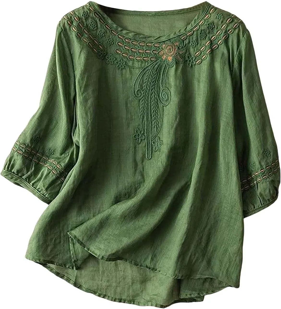GOKKILRW Womens Floral Embroidered Tops Cotton Linen Shirts Boho Ethnic Style Peasant Blouses 3/4 Sleeve V Neck Gauze Tshirts