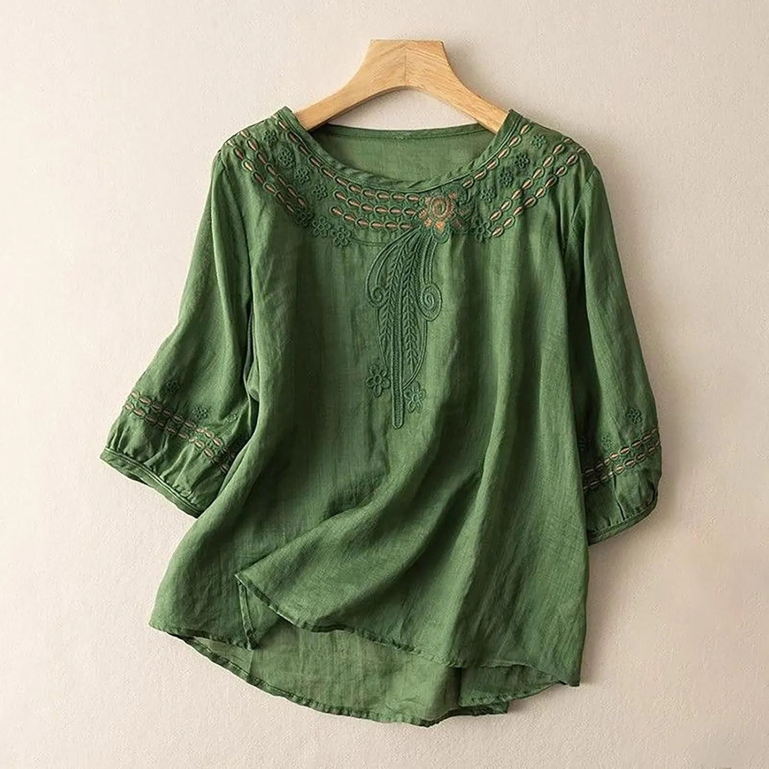 GOKKILRW Womens Floral Embroidered Tops Cotton Linen Shirts Boho Ethnic Style Peasant Blouses 3/4 Sleeve V Neck Gauze Tshirts