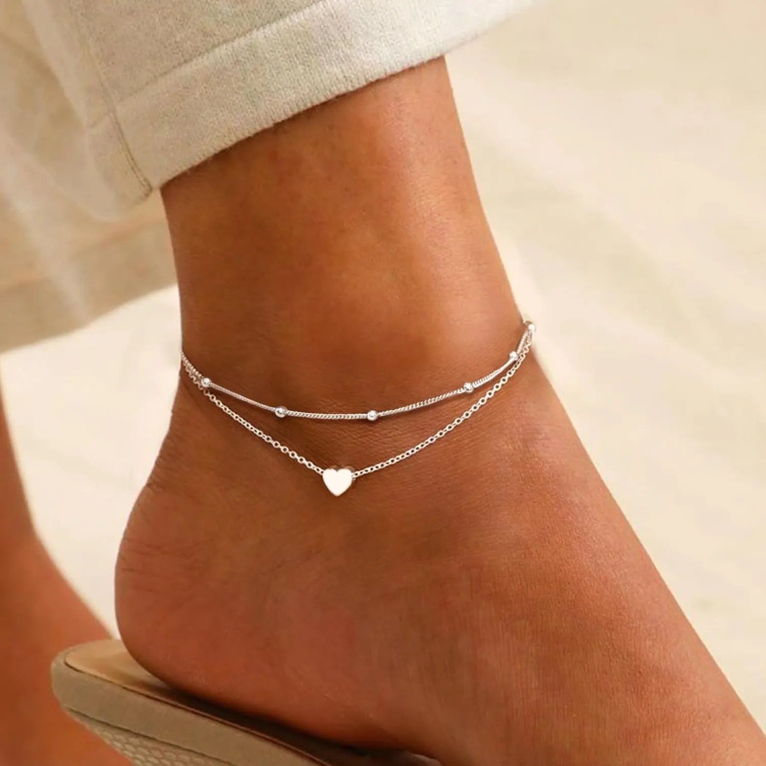 Gold Ankle Bracelet for Women Waterproof, Adjustable 14K Gold Plated Dainty Heart Satellite Bead Layered Anklets, Non Tarnish Minimalist Anklet Beach Foot Chain Jewelry Trendy Gift for Women
