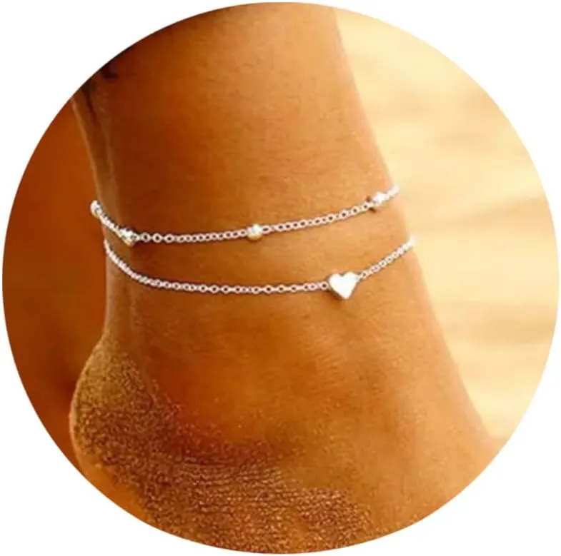 Gold Ankle Bracelet for Women Waterproof, Adjustable 14K Gold Plated Dainty Heart Satellite Bead Layered Anklets, Non Tarnish Minimalist Anklet Beach Foot Chain Jewelry Trendy Gift for Women