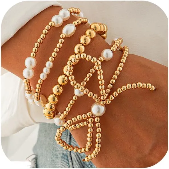 Gold Beaded Bracelet for Women Stackable Pearl Beads Bracelet Layered Beaded Bracelets Set Tube Bangle Bracelets Jewelry for Women