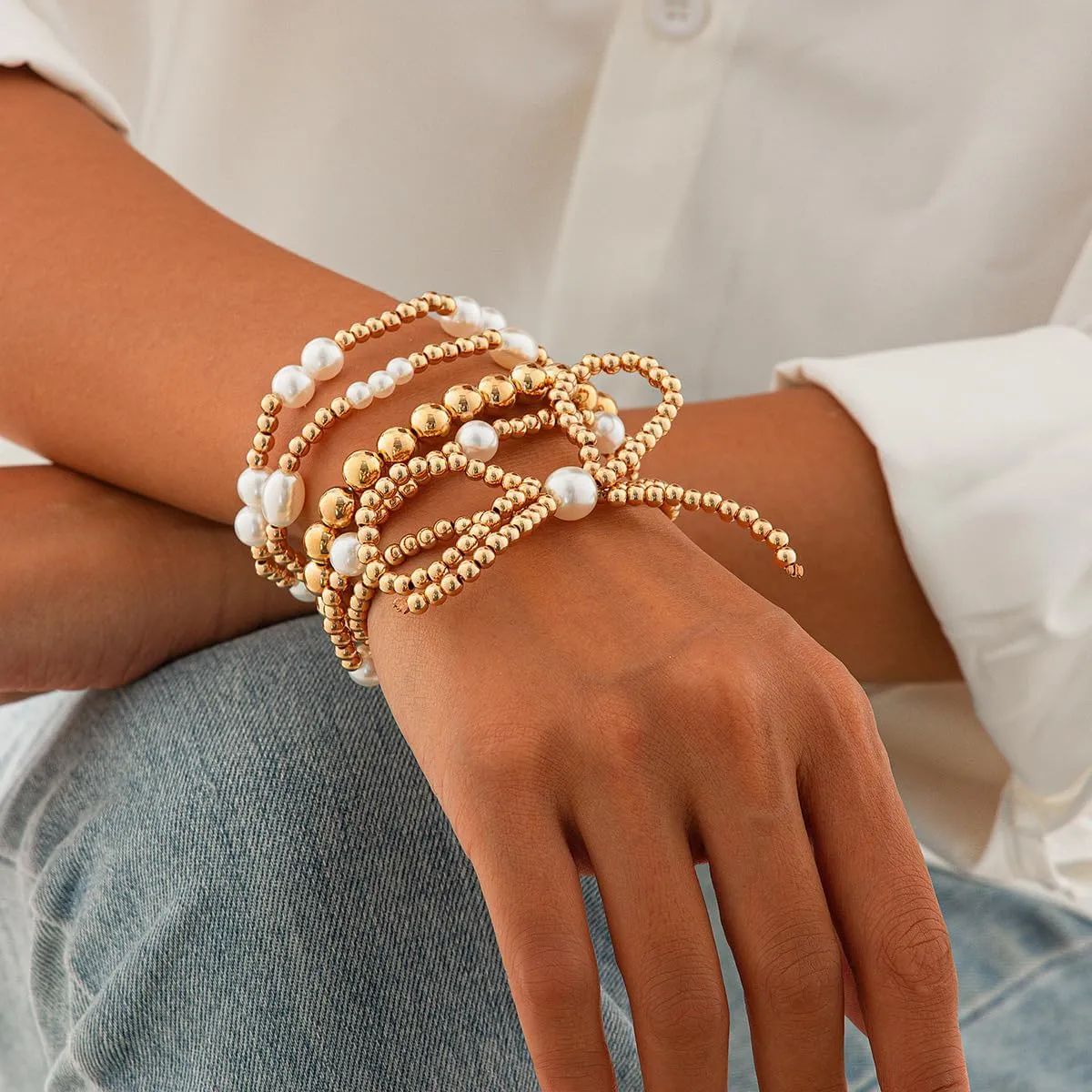 Gold Beaded Bracelet for Women Stackable Pearl Beads Bracelet Layered Beaded Bracelets Set Tube Bangle Bracelets Jewelry for Women