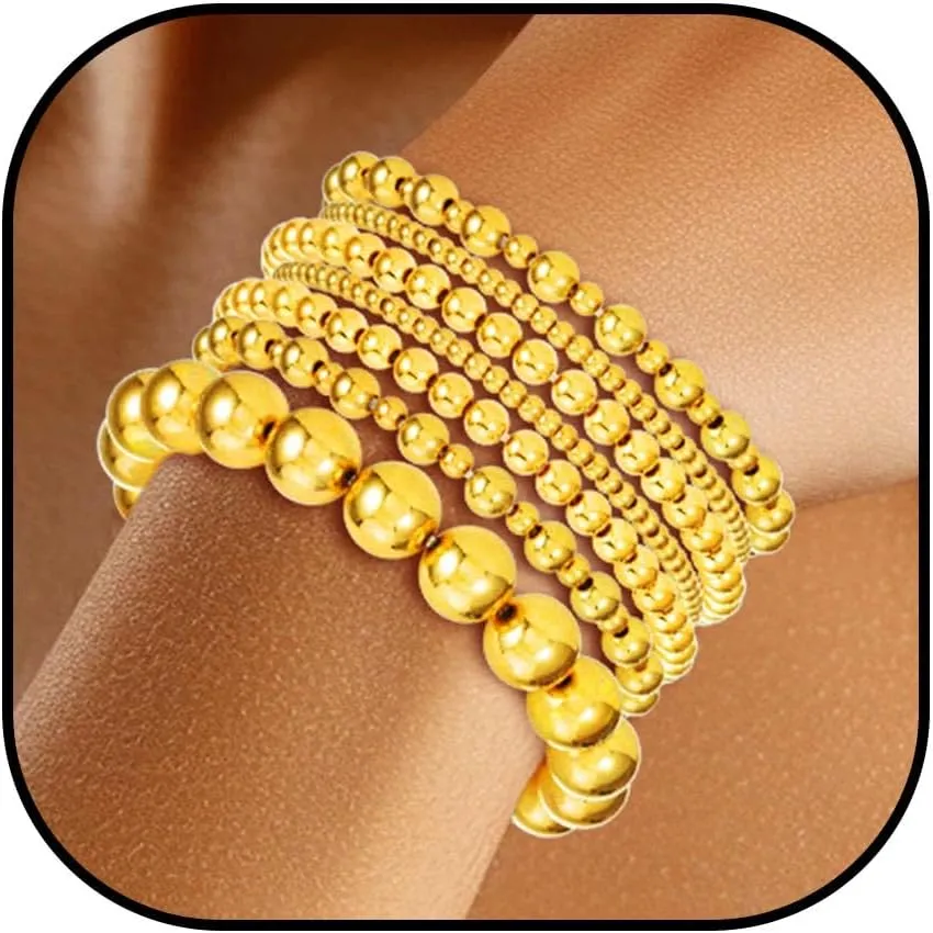 Gold Beaded Bracelets Stackable Stretch Beads Bracelet Set Boho Layered Bangle for Women(7PCS)