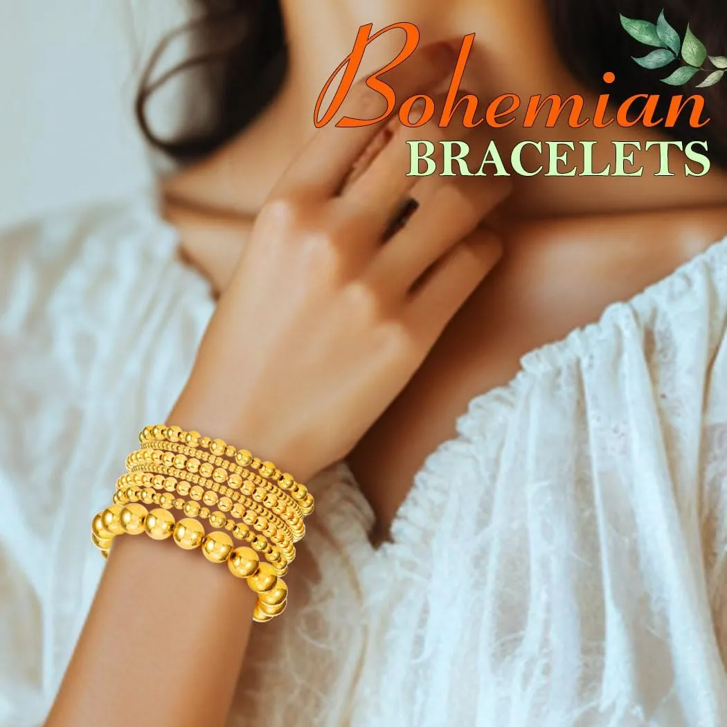 Gold Beaded Bracelets Stackable Stretch Beads Bracelet Set Boho Layered Bangle for Women(7PCS)