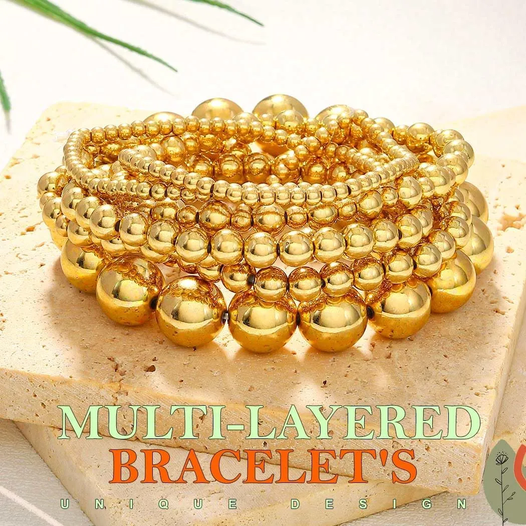 Gold Beaded Bracelets Stackable Stretch Beads Bracelet Set Boho Layered Bangle for Women(7PCS)