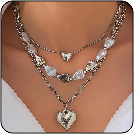 Gold Chunky Necklace for Women Trendy Baroque Pearl Statement Necklaces Big Heart Pendant OT Toggle Necklace Layered Silver Heart Chunky Jewelry