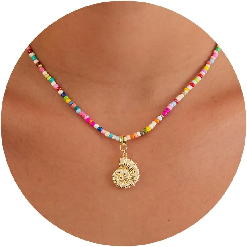 Gold Necklace for Women-Colorful Beaded Necklaces 14K Gold Plated Bohemian Choker Shell, Starfish, Palm Tree, Conch Shell Beachy Jewelry for Women Gifts