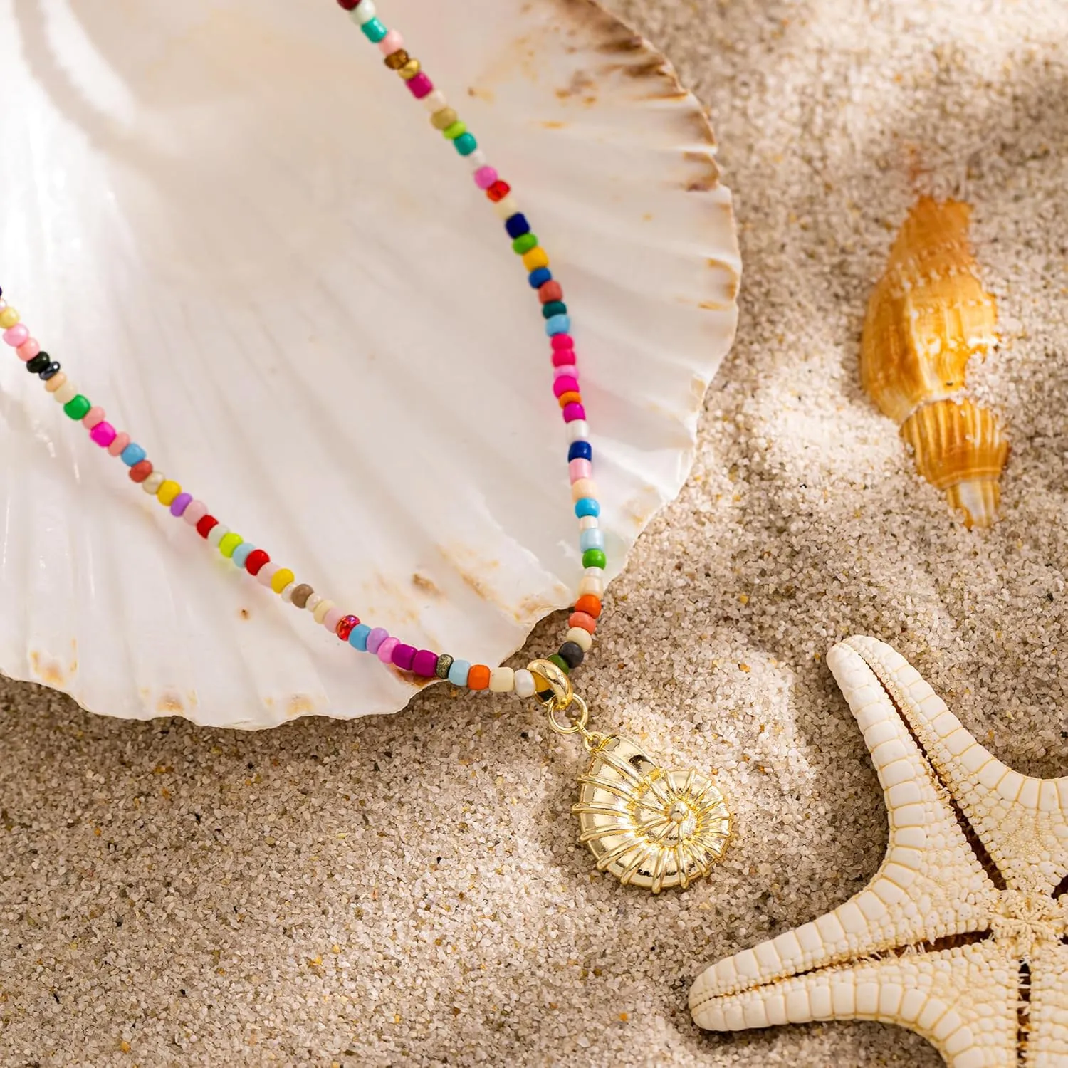 Gold Necklace for Women-Colorful Beaded Necklaces 14K Gold Plated Bohemian Choker Shell, Starfish, Palm Tree, Conch Shell Beachy Jewelry for Women Gifts
