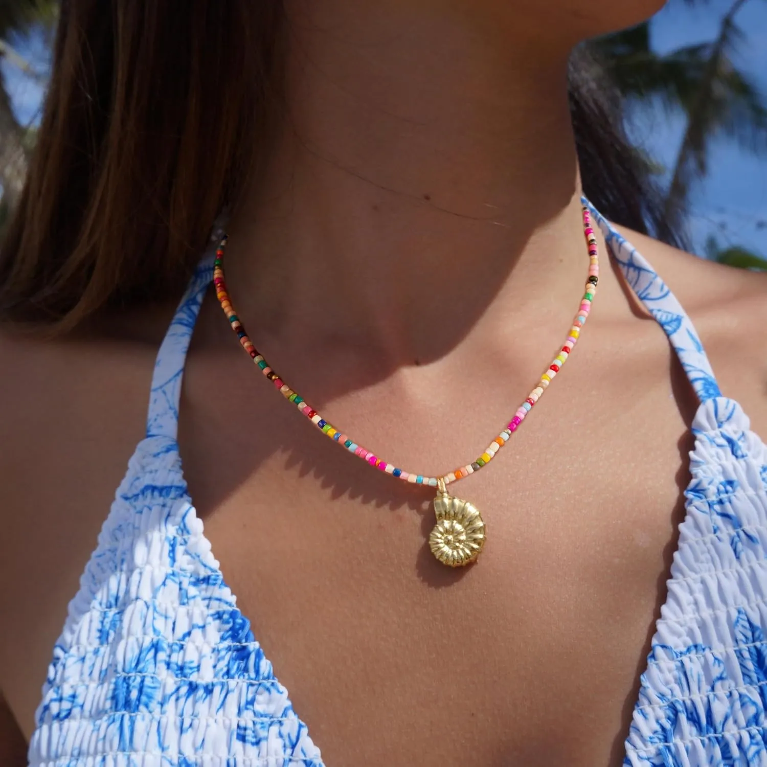 Gold Necklace for Women-Colorful Beaded Necklaces 14K Gold Plated Bohemian Choker Shell, Starfish, Palm Tree, Conch Shell Beachy Jewelry for Women Gifts