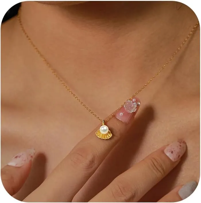 Gold Pearl Shell Necklace for Women S925 Sterling Silver Shell Necklace 14K Gold Plated Summer Beach Boho Seashell Pendant Necklace Birthday Gifts for Her 15.75'' 2.36''