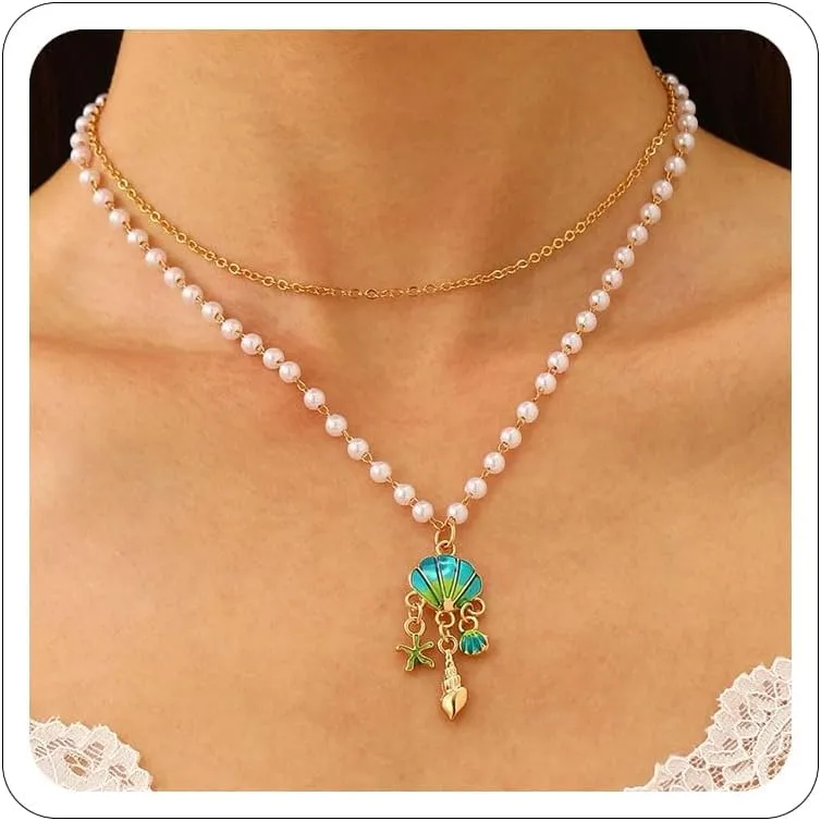 Gold Shell Necklaces for Women 14K Gold Pearl Necklaces Summer Beach Jewelry Boho Layered Charm Starfish Necklace Dainty Vacation Seashell Necklace Beachy Outfits Accessorie