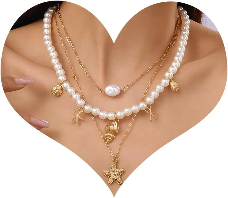 Gold Shell Necklaces for Women Layered Seashell Starfish Necklaces Adjustable Cowrie Conch Shell Pearl Beaded Choker Summer Beach Jewelry Accessories for Her