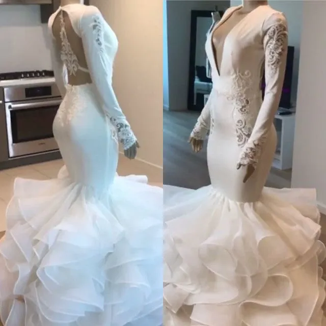 Gorgeous V-Neck Mermaid Wedding Dress | Ruffles Bridal Gowns