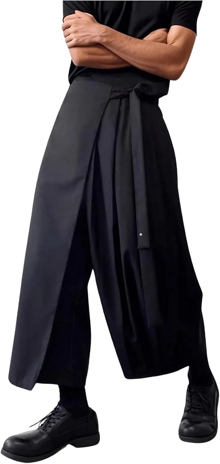 GORGLITTER Men's Pleated Wide Leg Fashion Pants Elastic Waist Designer Tie Side Wrap Trousers