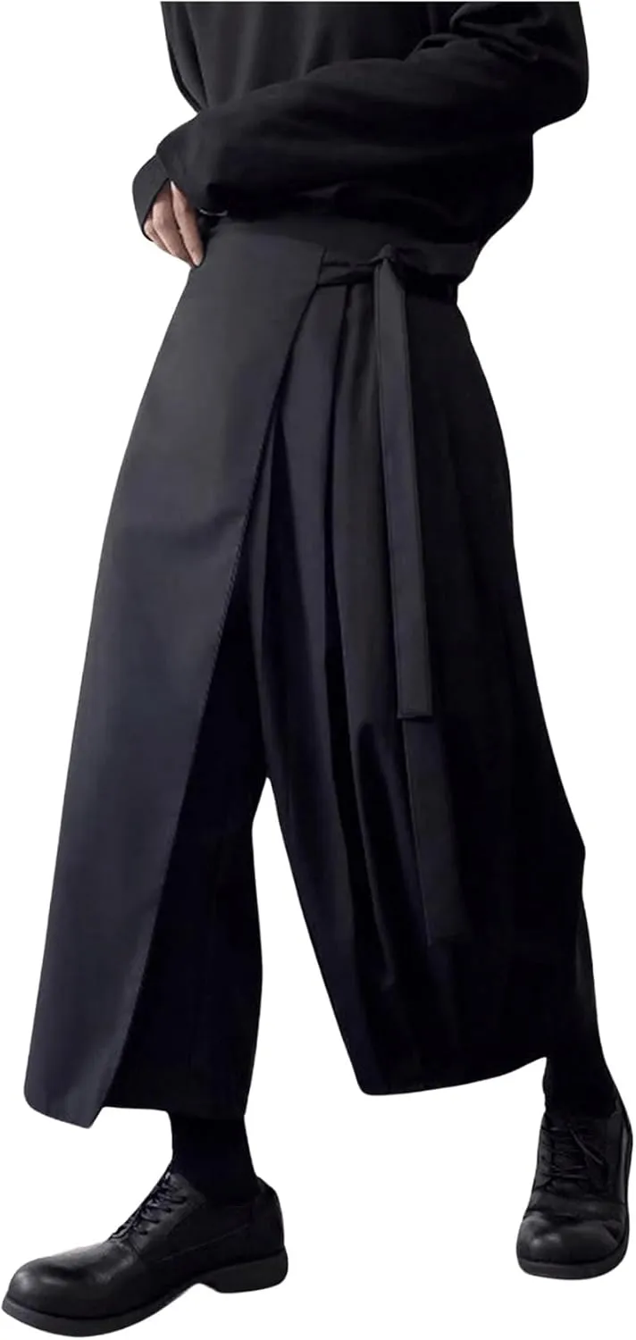 GORGLITTER Men's Pleated Wide Leg Fashion Pants Elastic Waist Designer Tie Side Wrap Trousers