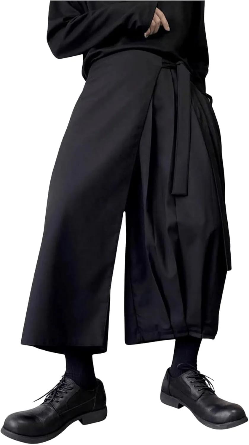 GORGLITTER Men's Pleated Wide Leg Fashion Pants Elastic Waist Designer Tie Side Wrap Trousers