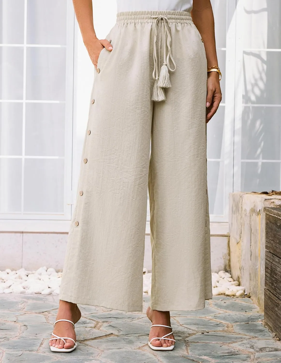 GRACE KARIN Women's Summer Wide Leg Pants High Waisted Palazzo Pants Caual Flowy Beach Trousers with Pockets