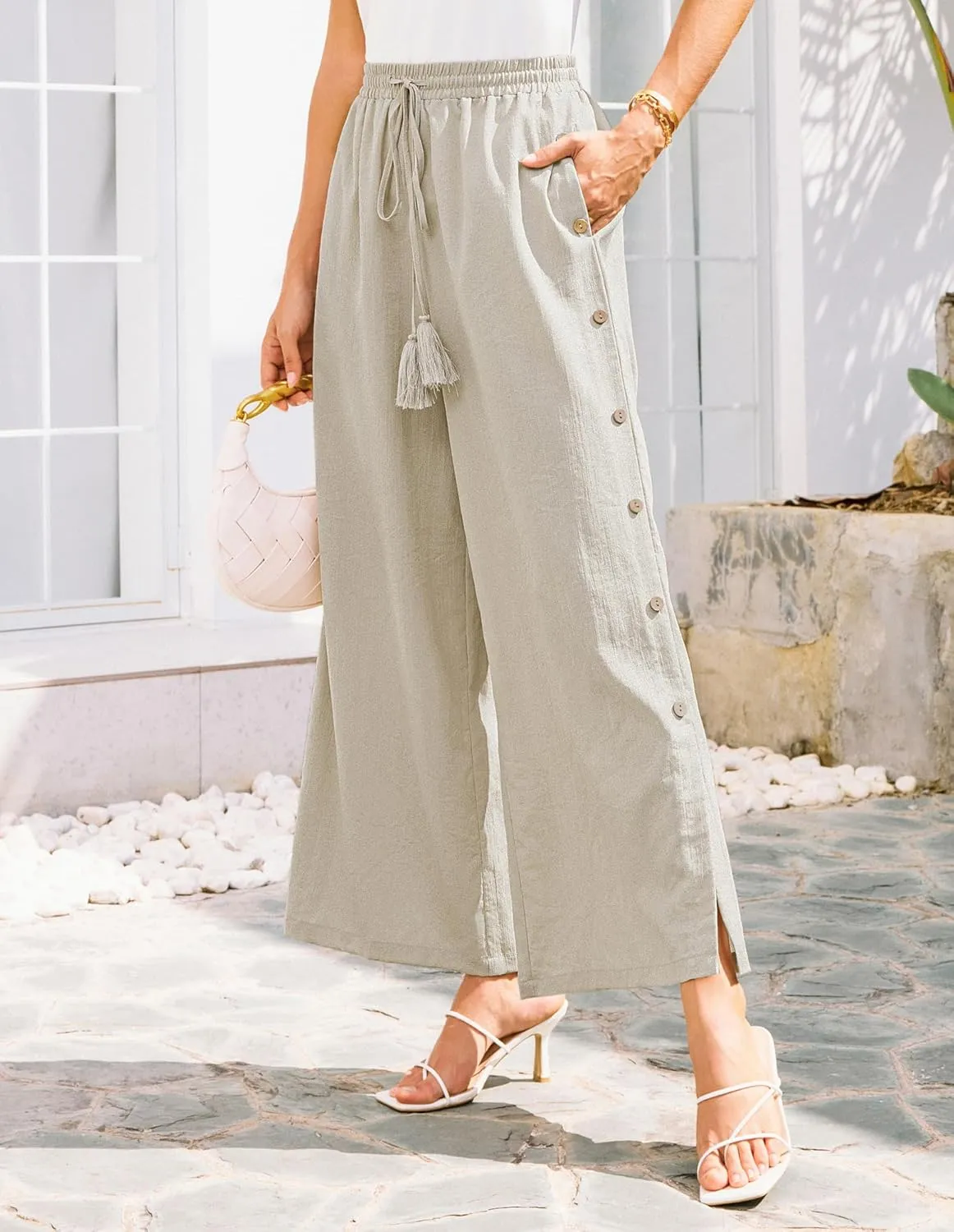 GRACE KARIN Women's Summer Wide Leg Pants High Waisted Palazzo Pants Caual Flowy Beach Trousers with Pockets