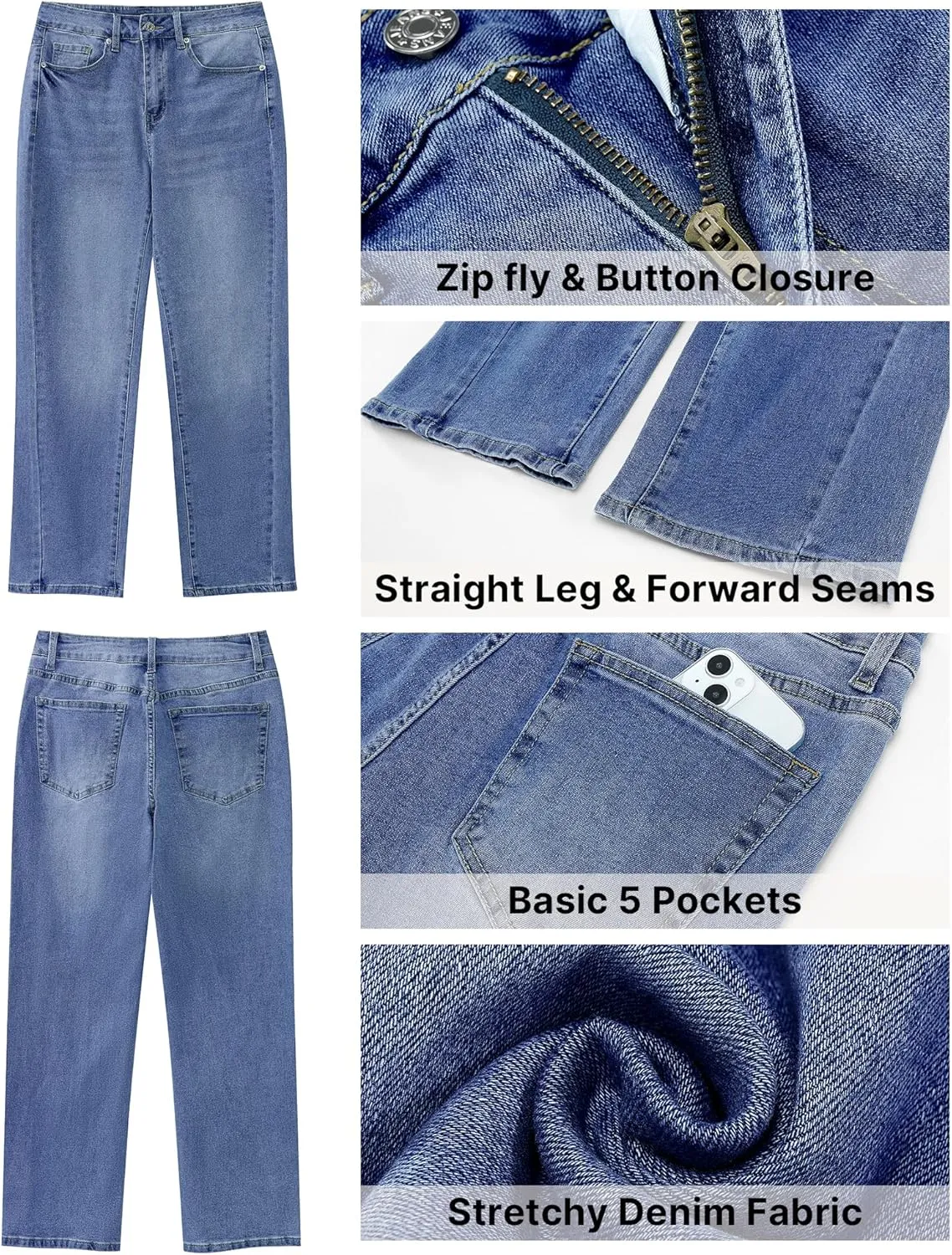 GRAPENT Straight Leg Jeans for Women High Waisted Trendy Ankle Length Forward Seams Stretchy Denim Pants Baggy Jeans