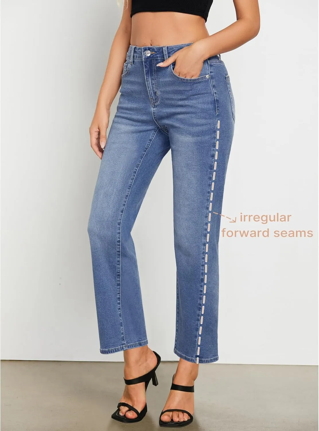 GRAPENT Straight Leg Jeans for Women High Waisted Trendy Ankle Length Forward Seams Stretchy Denim Pants Baggy Jeans
