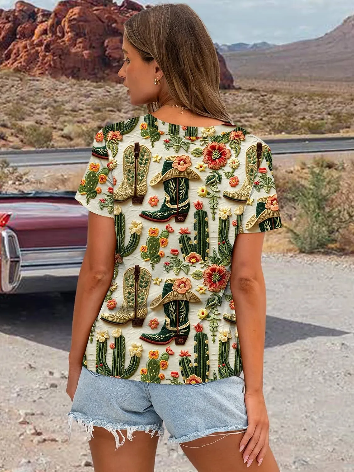 Graphic Shirts for Women Cactus Desert Graphic Tees Short Sleeve Tops