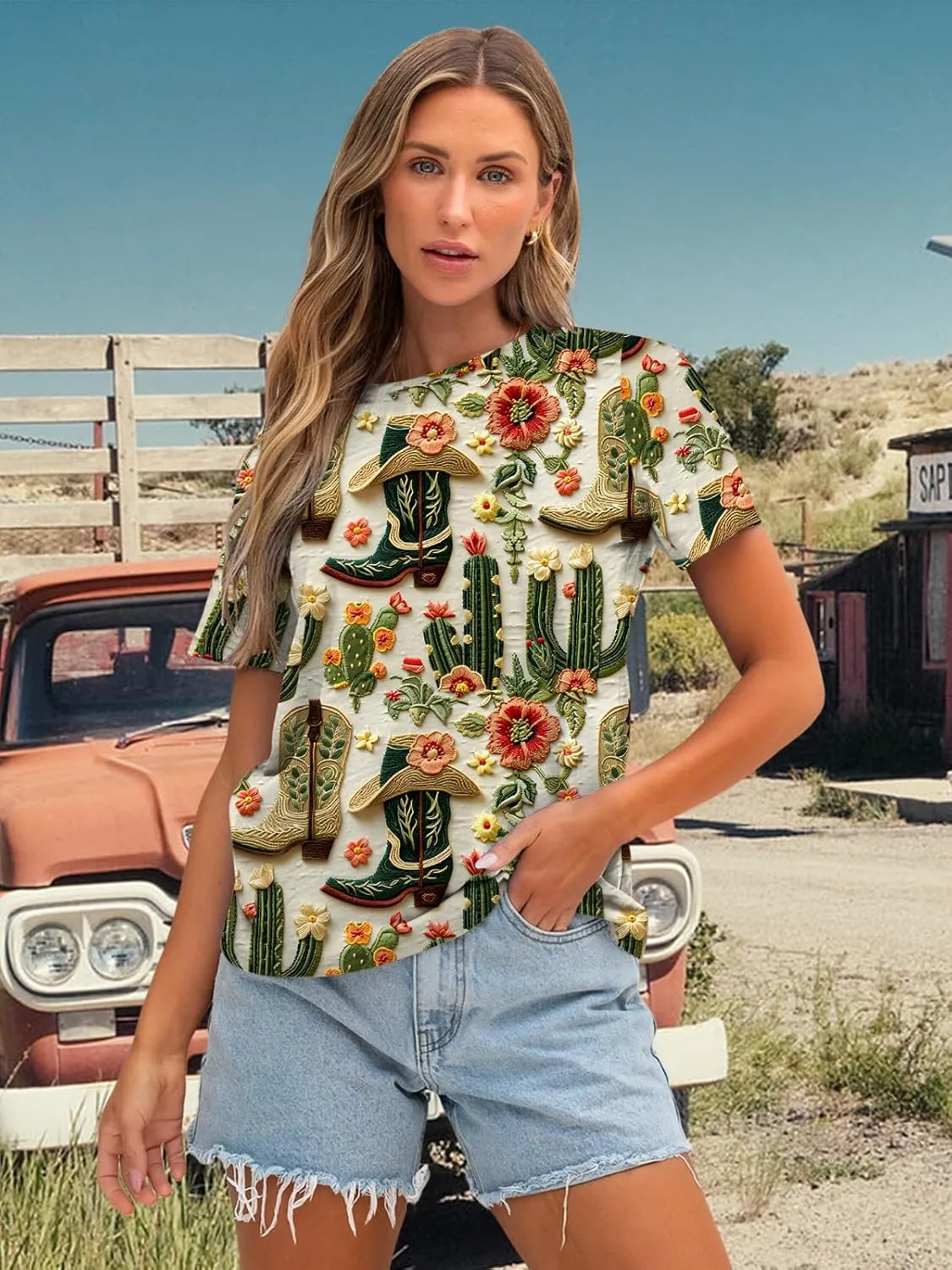 Graphic Shirts for Women Cactus Desert Graphic Tees Short Sleeve Tops