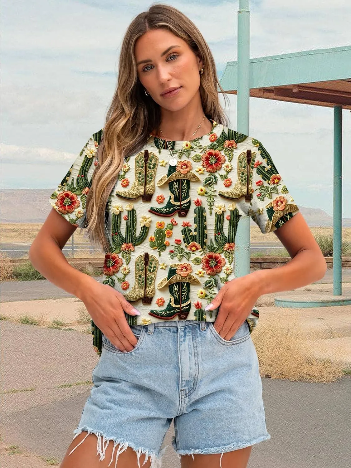 Graphic Shirts for Women Cactus Desert Graphic Tees Short Sleeve Tops