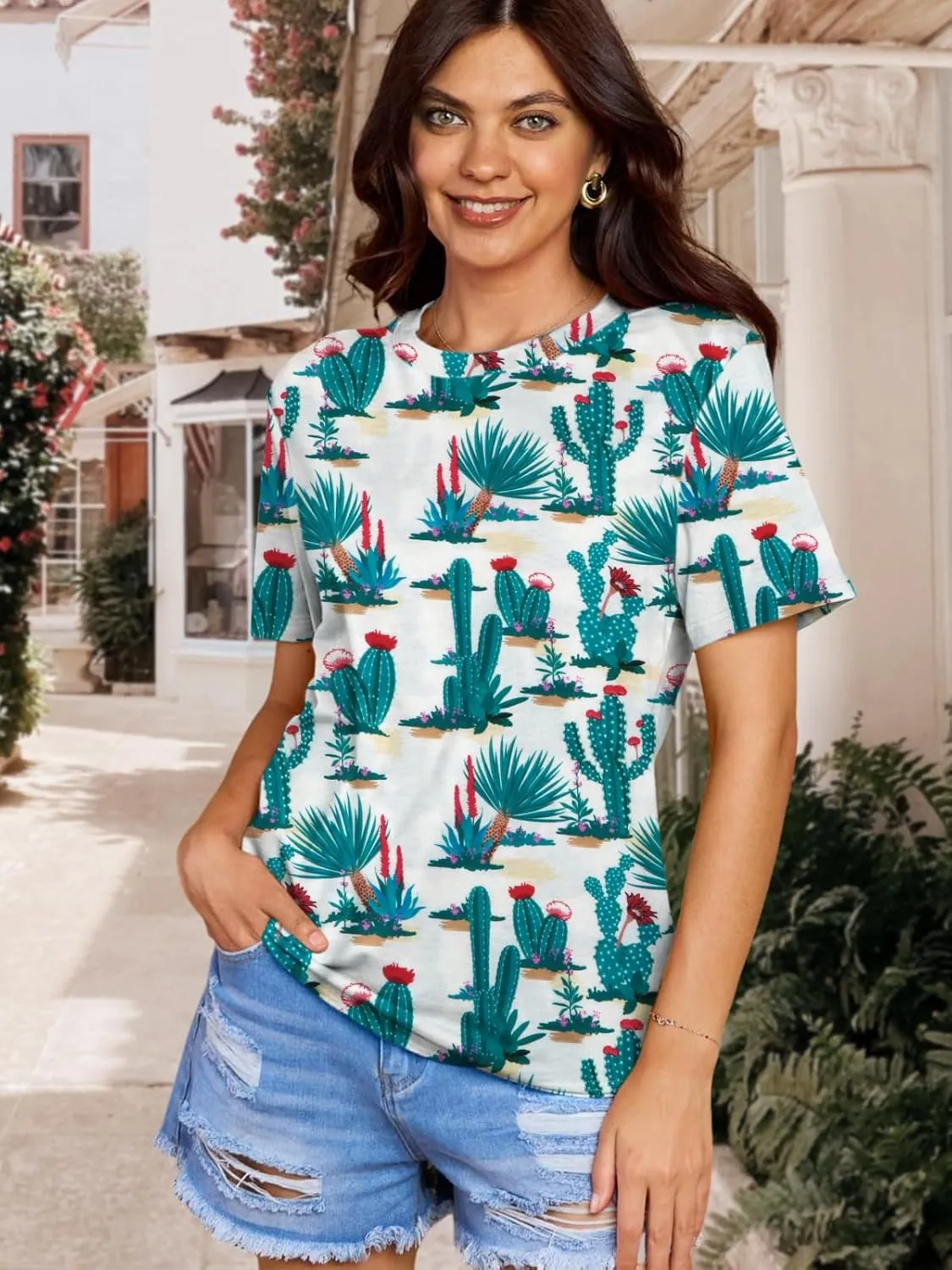 Graphic Shirts for Women Cactus Desert Graphic Tees Short Sleeve Tops
