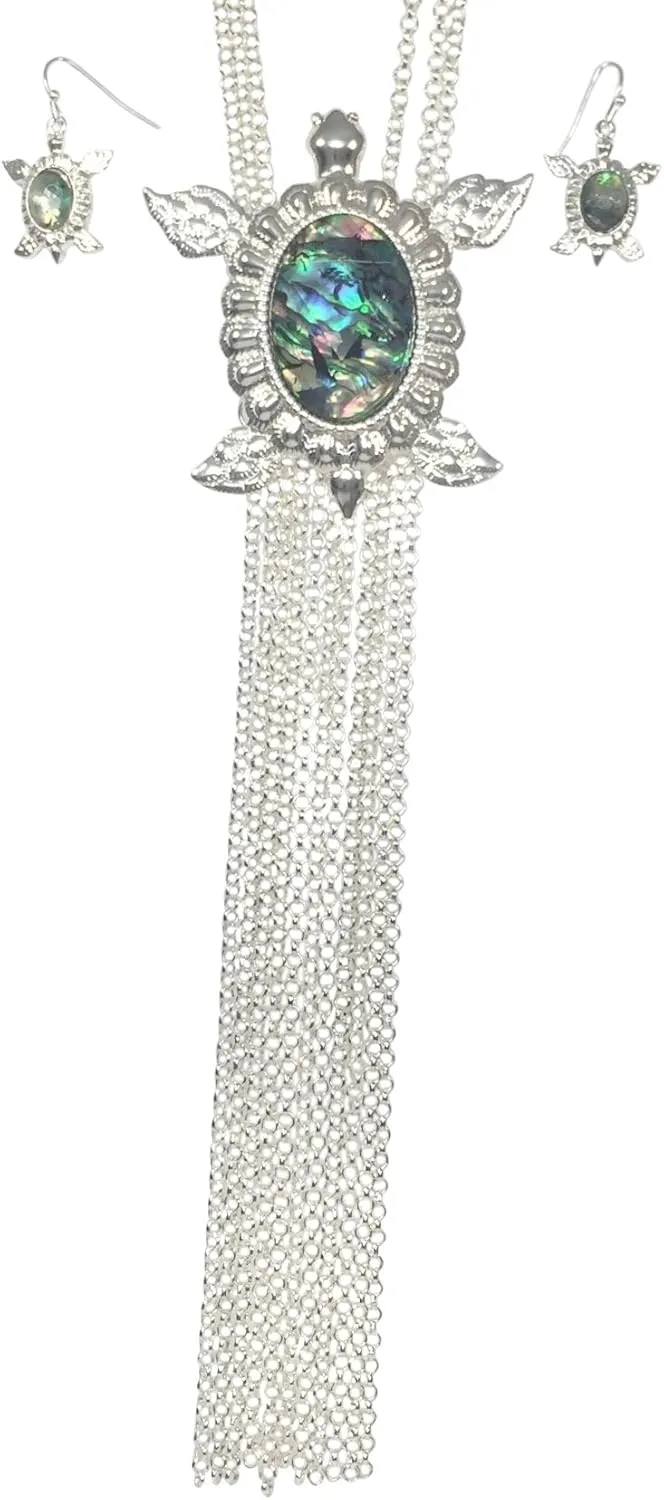 Gypsy Jewels Unique Seaturtle Foil Center Chain Fringe Tassel Silver Tone Necklace & Earrings Set
