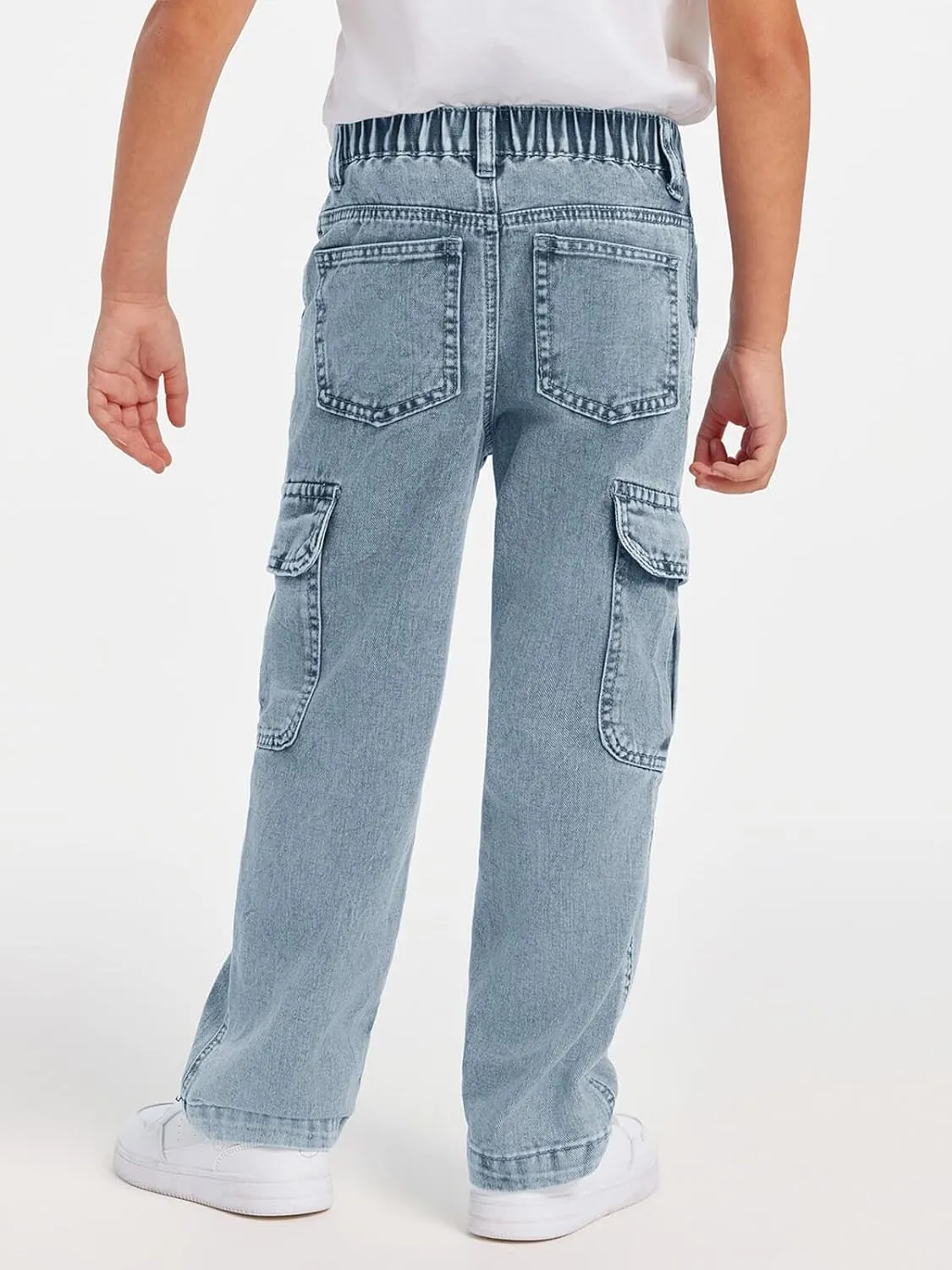 Haloumoning Boys Cargo Baggy Pants Elastic Waist Wide Leg Jeans Casual Demin Pants with Pockets 5-14 Years