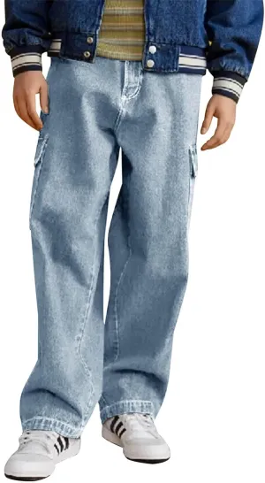 Haloumoning Boys Cargo Baggy Pants Elastic Waist Wide Leg Jeans Casual Demin Pants with Pockets 5-14 Years