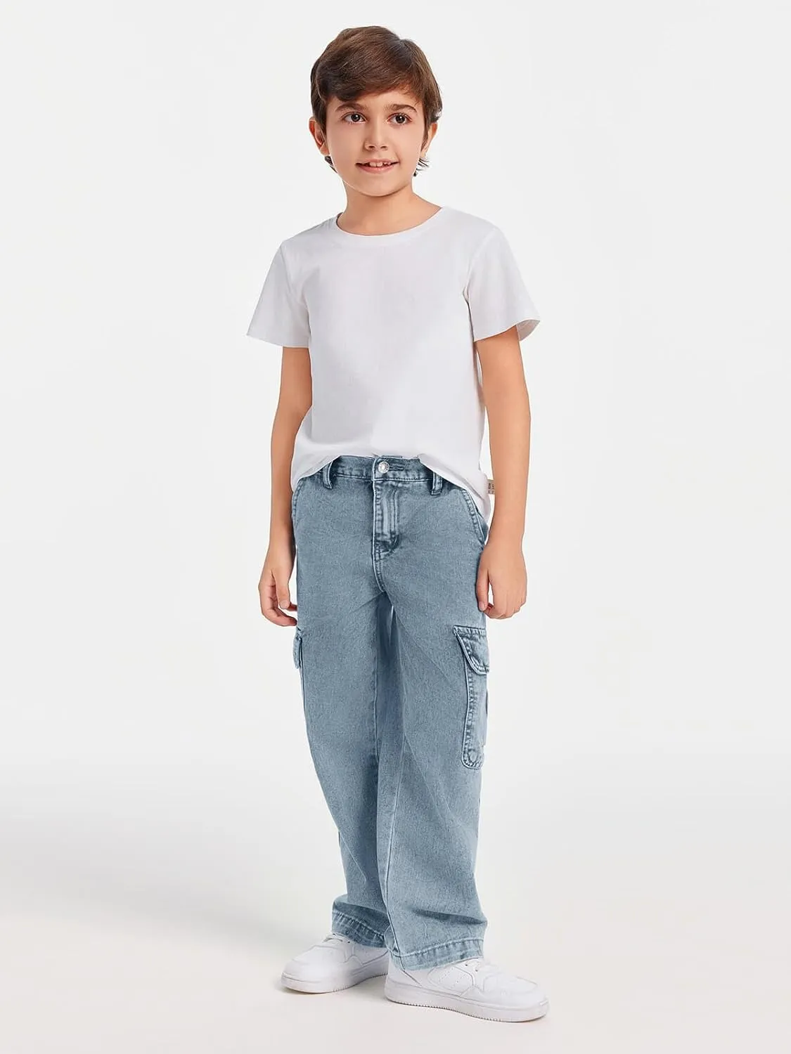 Haloumoning Boys Cargo Baggy Pants Elastic Waist Wide Leg Jeans Casual Demin Pants with Pockets 5-14 Years