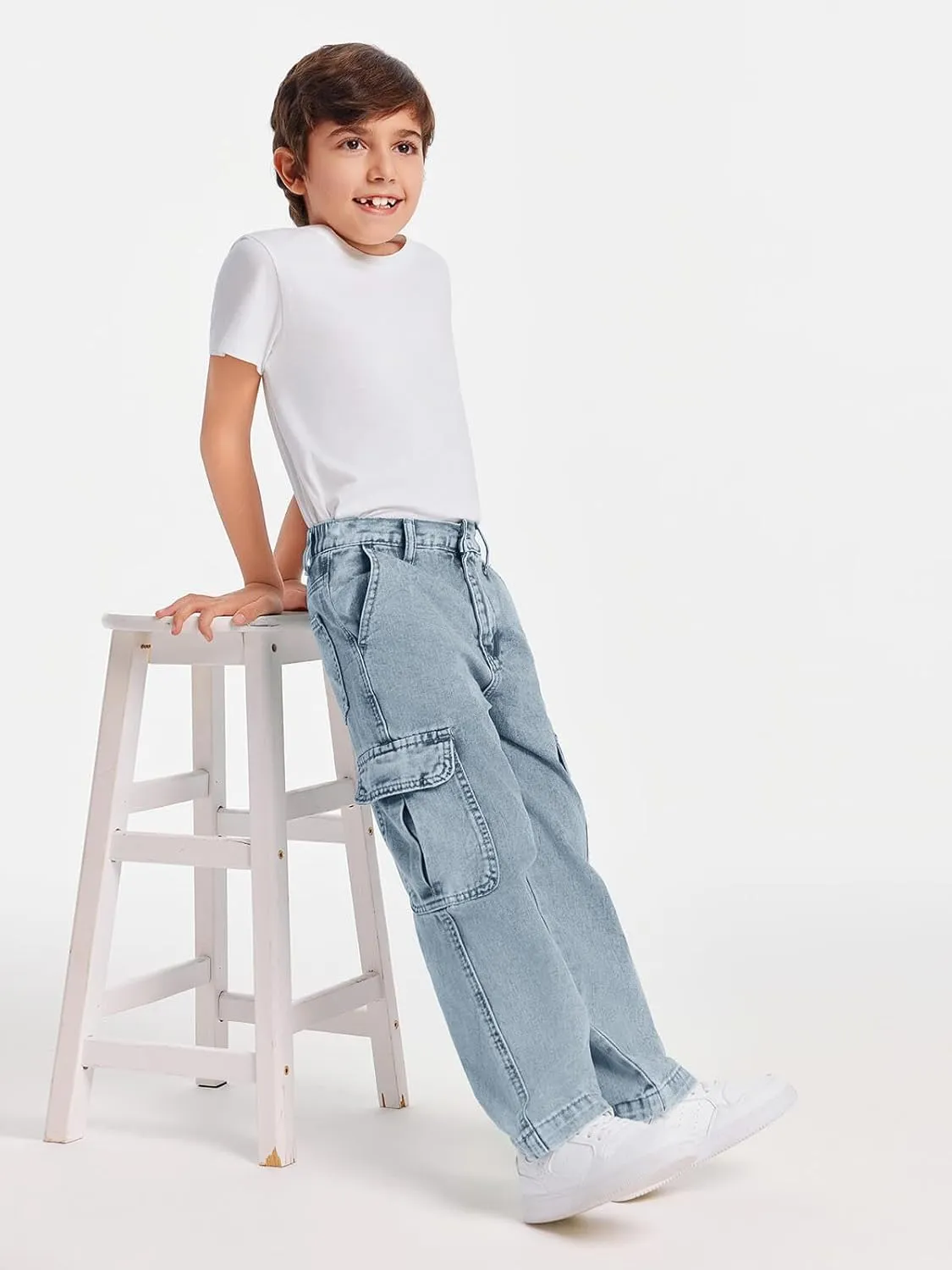 Haloumoning Boys Cargo Baggy Pants Elastic Waist Wide Leg Jeans Casual Demin Pants with Pockets 5-14 Years