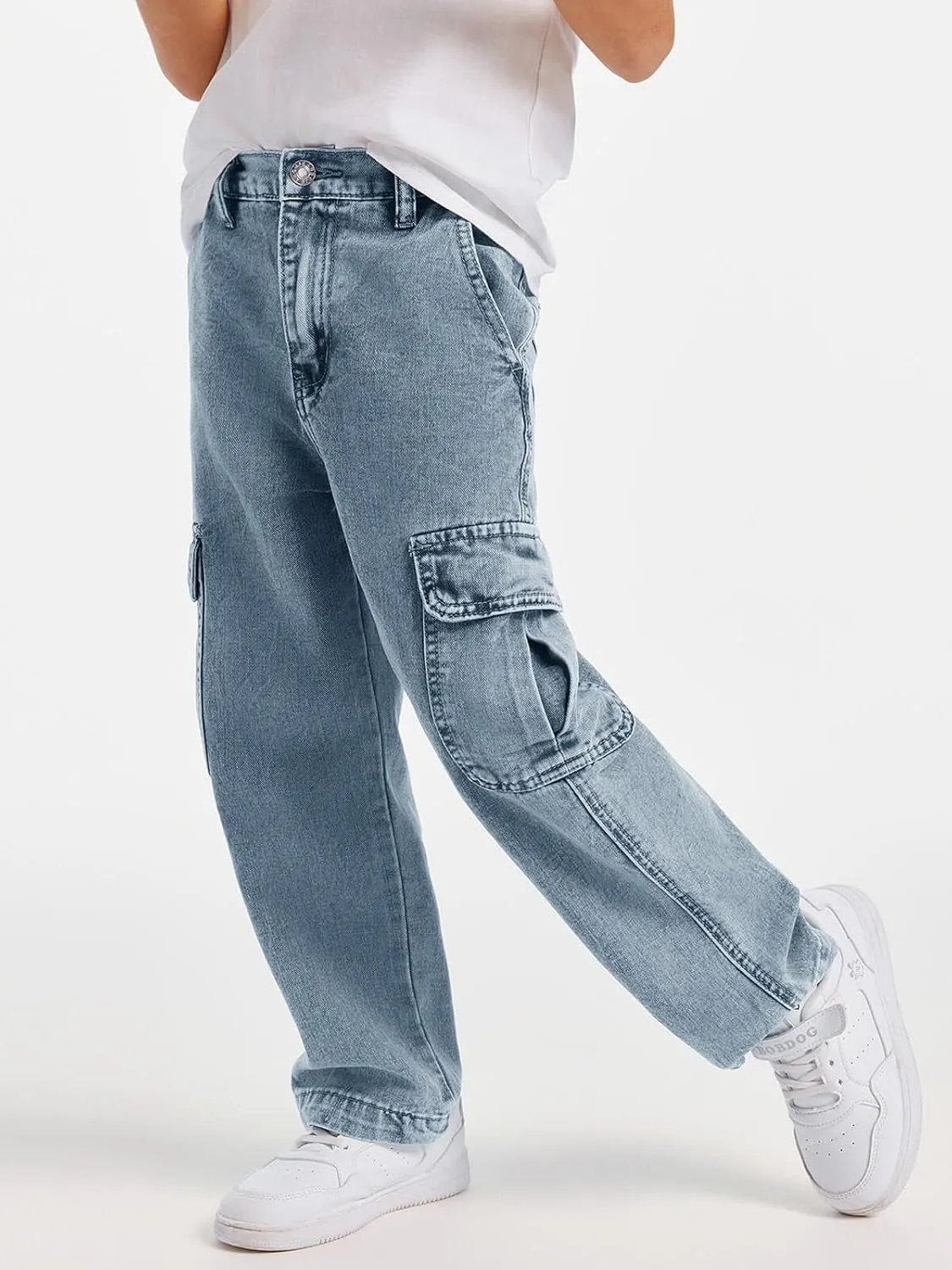 Haloumoning Boys Cargo Baggy Pants Elastic Waist Wide Leg Jeans Casual Demin Pants with Pockets 5-14 Years