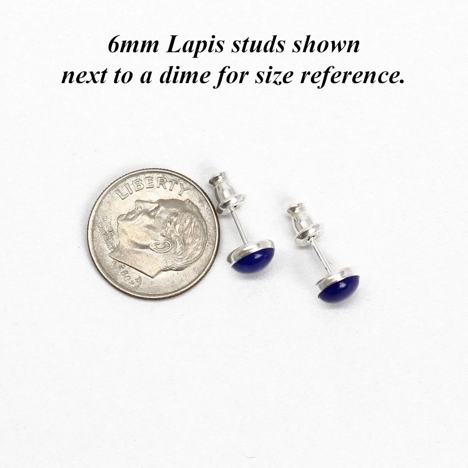 Handmade 6mm Lapis Lazuli Gemstone Stud Earrings for Women and Girls, Round Bezel 925 Sterling Silver (lapis-lazuli)
