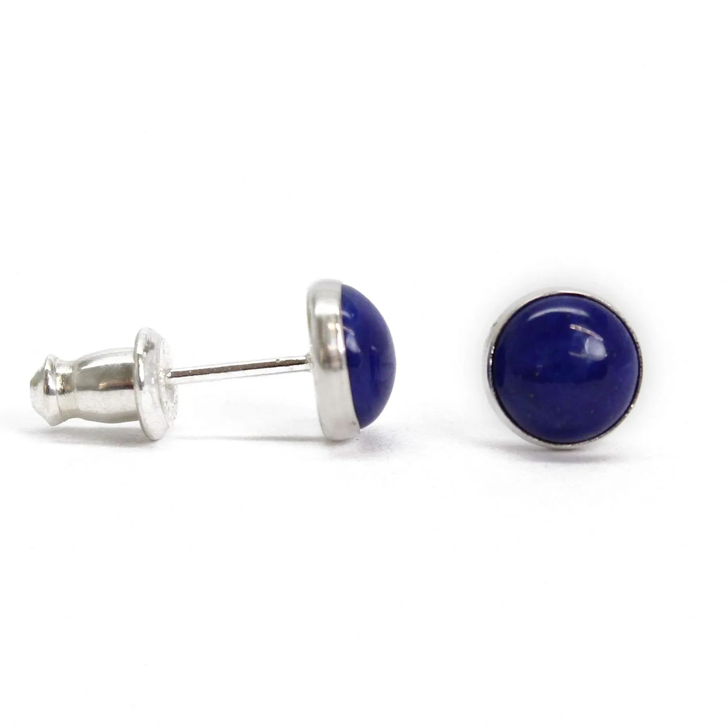 Handmade 6mm Lapis Lazuli Gemstone Stud Earrings for Women and Girls, Round Bezel 925 Sterling Silver (lapis-lazuli)