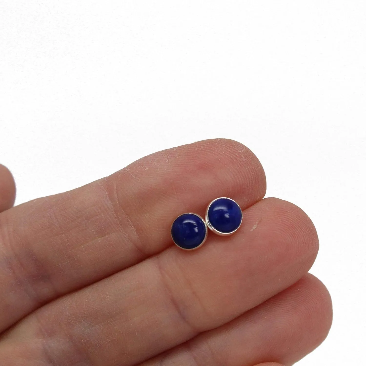 Handmade 6mm Lapis Lazuli Gemstone Stud Earrings for Women and Girls, Round Bezel 925 Sterling Silver (lapis-lazuli)
