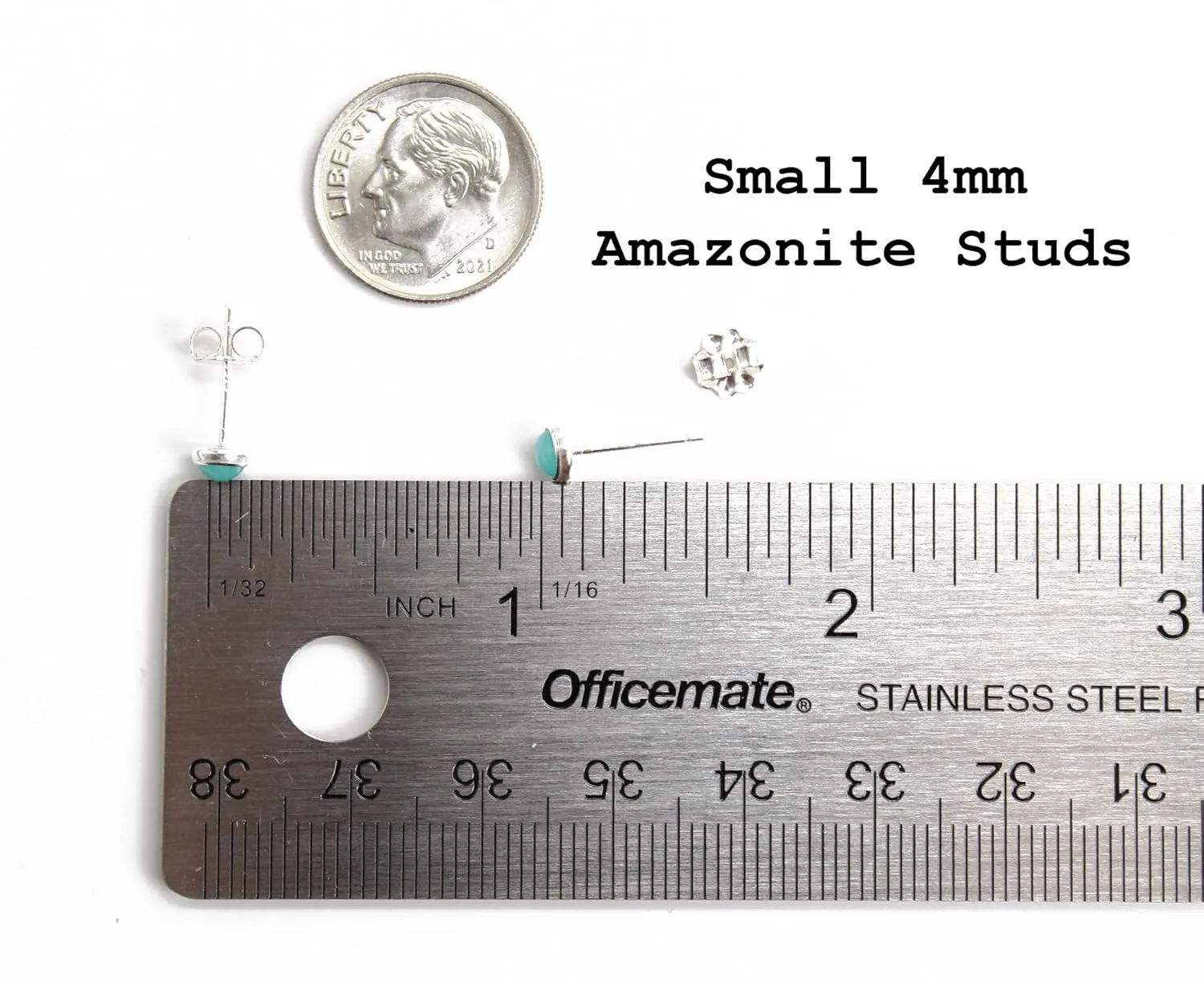 Handmade Amazonite Stud Earrings for Women and Girls, 4mm Round Bezel 925 Sterling Silver