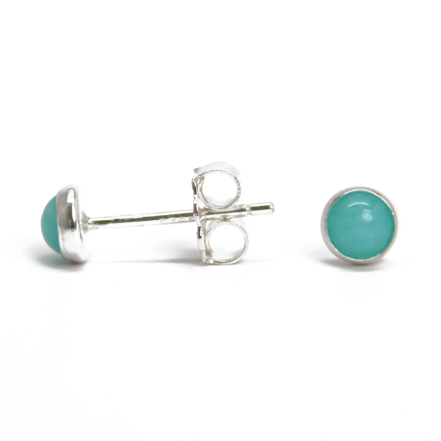 Handmade Amazonite Stud Earrings for Women and Girls, 4mm Round Bezel 925 Sterling Silver