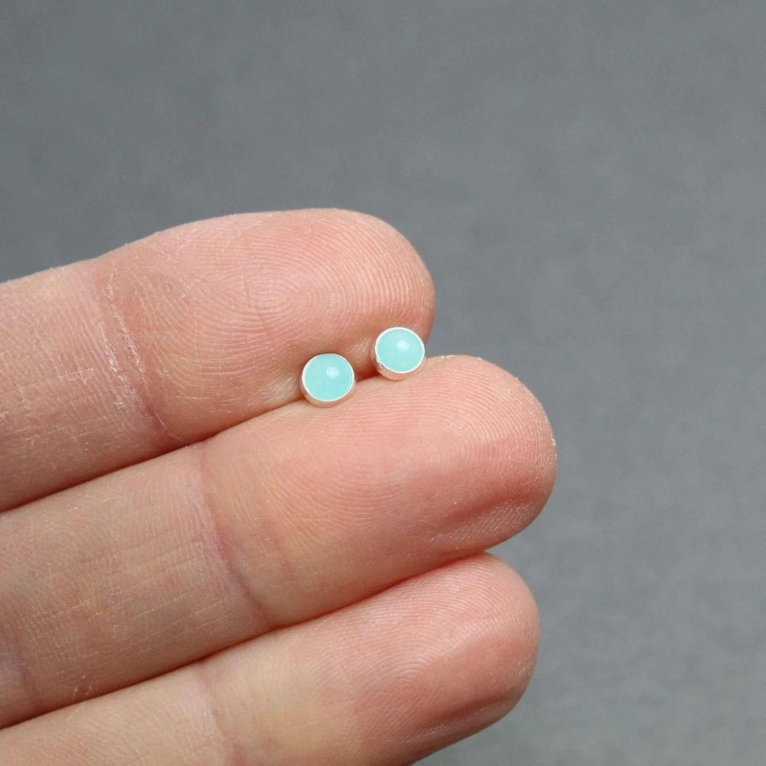Handmade Amazonite Stud Earrings for Women and Girls, 4mm Round Bezel 925 Sterling Silver
