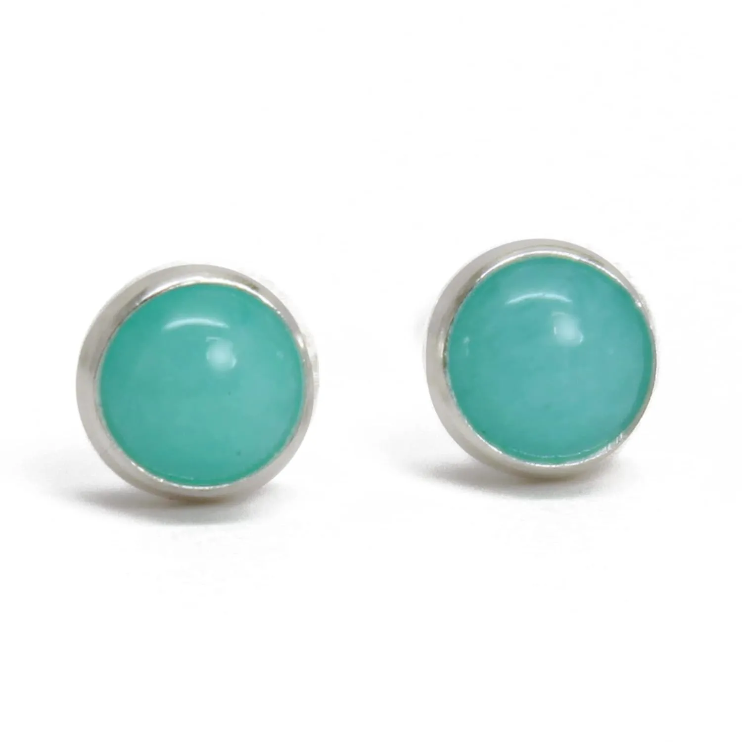 Handmade Amazonite Stud Earrings for Women and Girls, 4mm Round Bezel 925 Sterling Silver