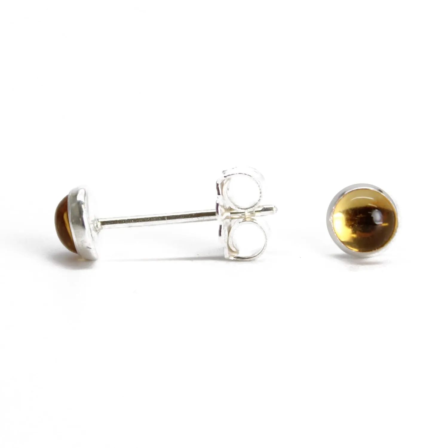Handmade Citrine Gemstone Stud Earrings for Women and Girls, 4mm Round Bezel 925 Sterling Silver