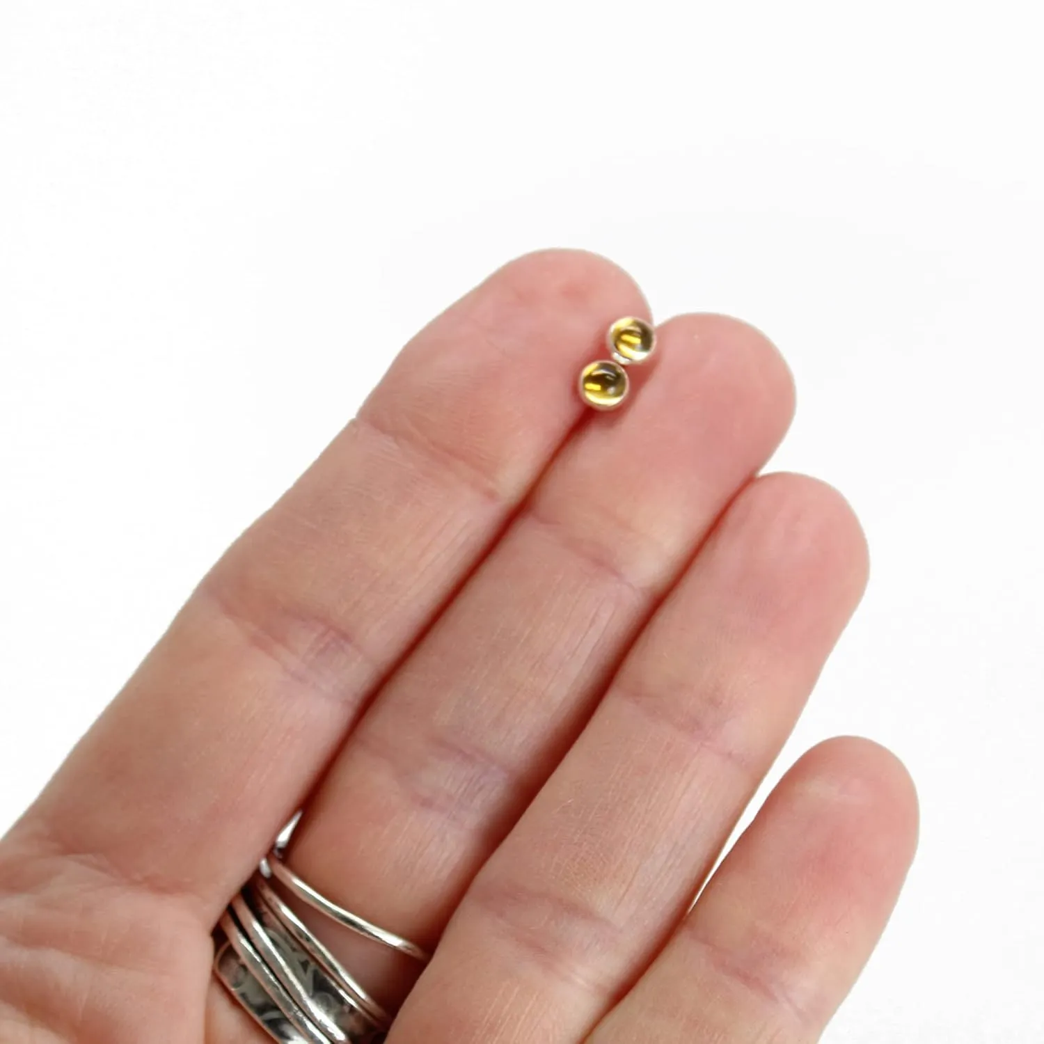 Handmade Citrine Gemstone Stud Earrings for Women and Girls, 4mm Round Bezel 925 Sterling Silver