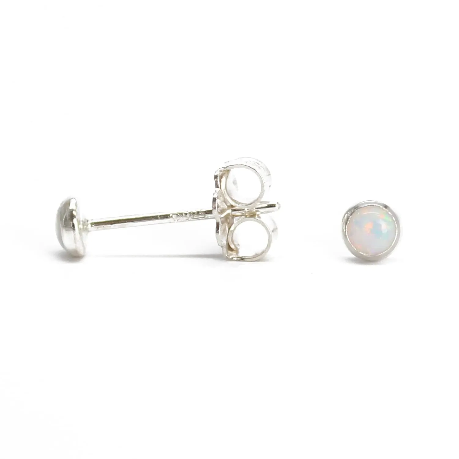 Handmade Tiny 3mm Opal Stud Earrings for Women and Girls, Handmade Round Bezel 925 Sterling Silver (created-opal)