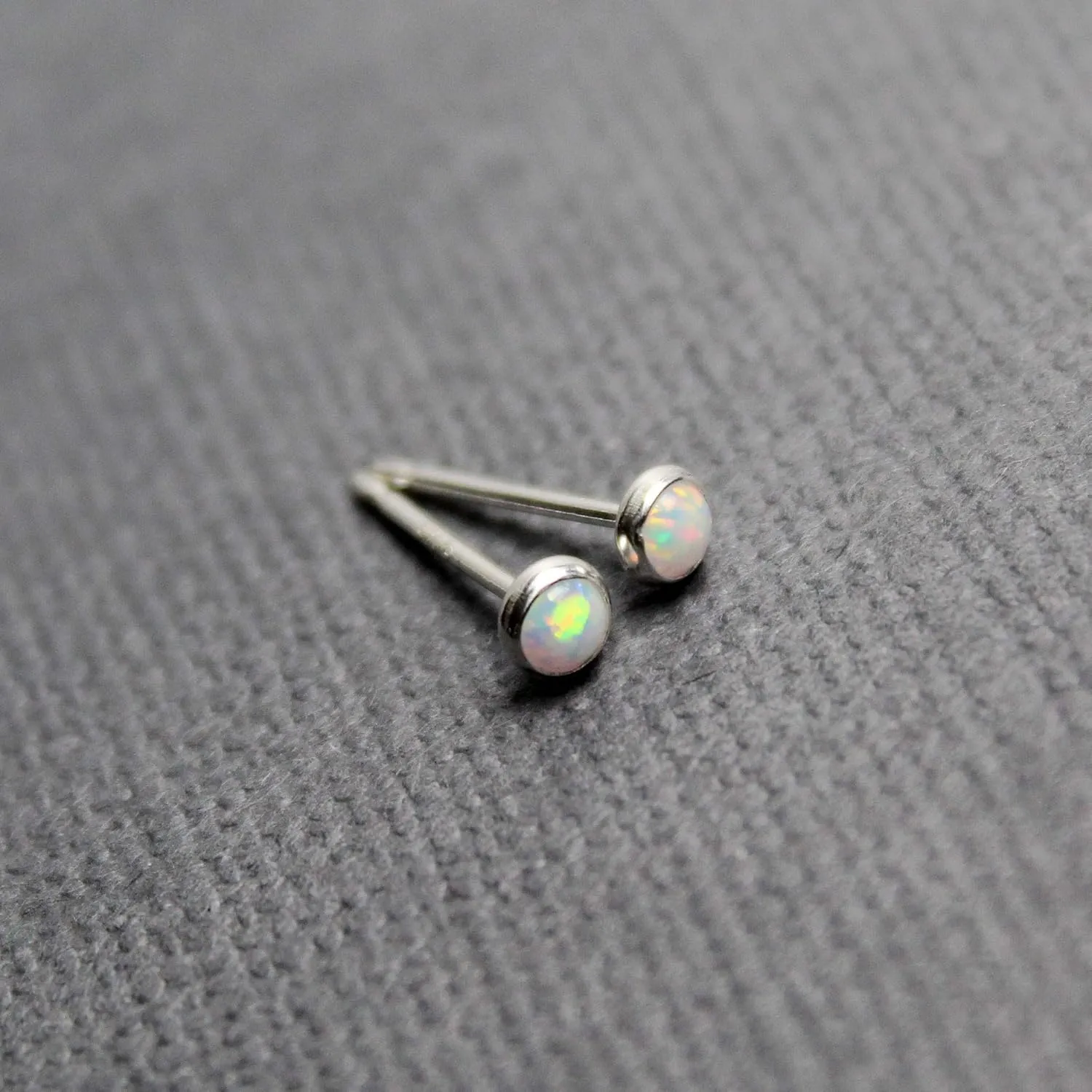 Handmade Tiny 3mm Opal Stud Earrings for Women and Girls, Handmade Round Bezel 925 Sterling Silver (created-opal)